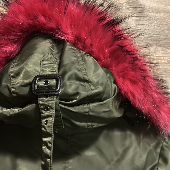 S13 New York army green pink faux fur collar puffer coat jacket - Picture 8 of 16